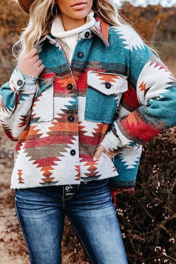 Enticing Patchwork Print Distressed Button Jacket socialshop