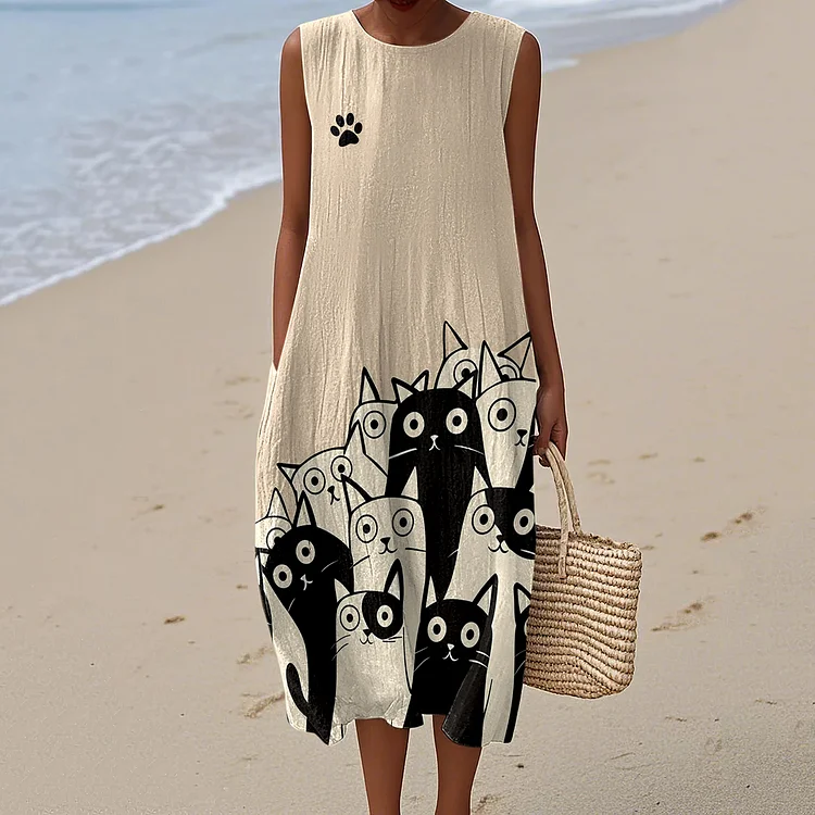 VChics Women's Vintage Cat's Abstract Art Linen Tank Midi Dress