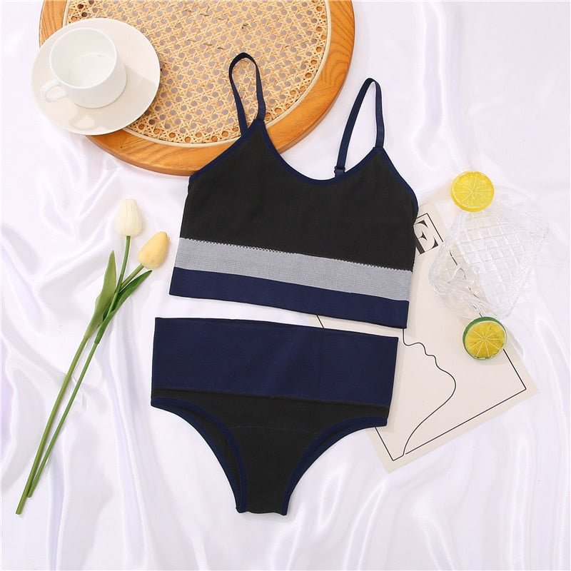 High Waist Bras Set Women Lingerie Ribbed Crop Tops Sexy Bra Suit  Female Patchwork Finetoo Panties Push Up Seamless Brassiere