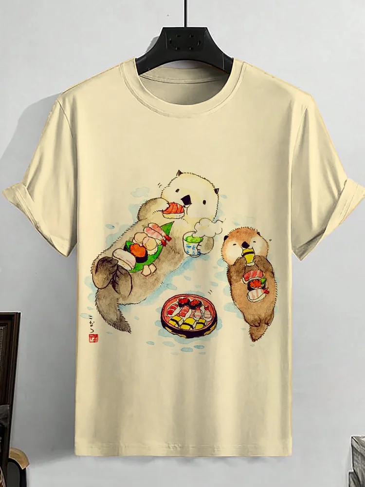 Men's Japanese Cute Otter Eating Sushi Graphic Print Casual T-Shirt
