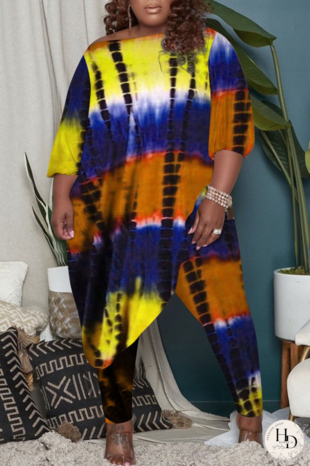 Yellow Fashion Casual Tie Dye Asymmetrical O Neck Plus Size Two Pieces