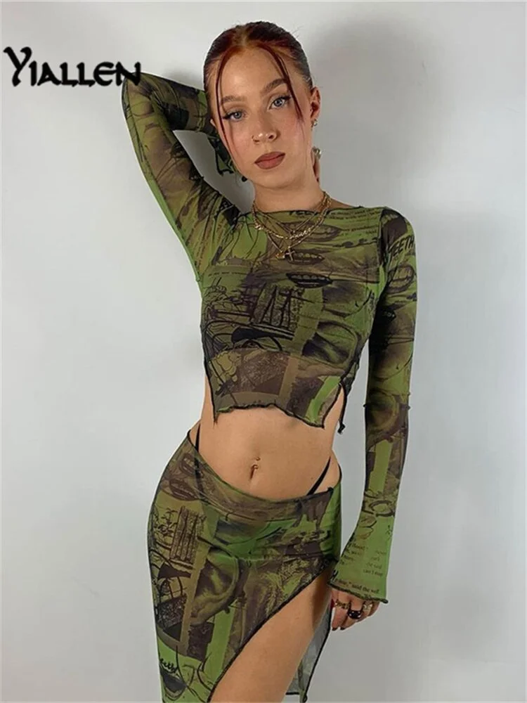 Yiallen Autumn Mesh Vintage Printed Tops Women Side Slit Flare Sleeve O Neck T-shirt Trend Casual Streetwear Skinny Tees Hot