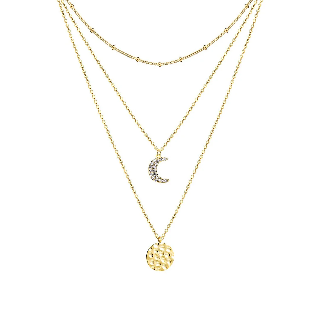 Womens Simple Delicate Full Moon 14K Gold Plated/Rose Gold/Silver Plated Layered Pendant Handmade Star Chokers Necklaces