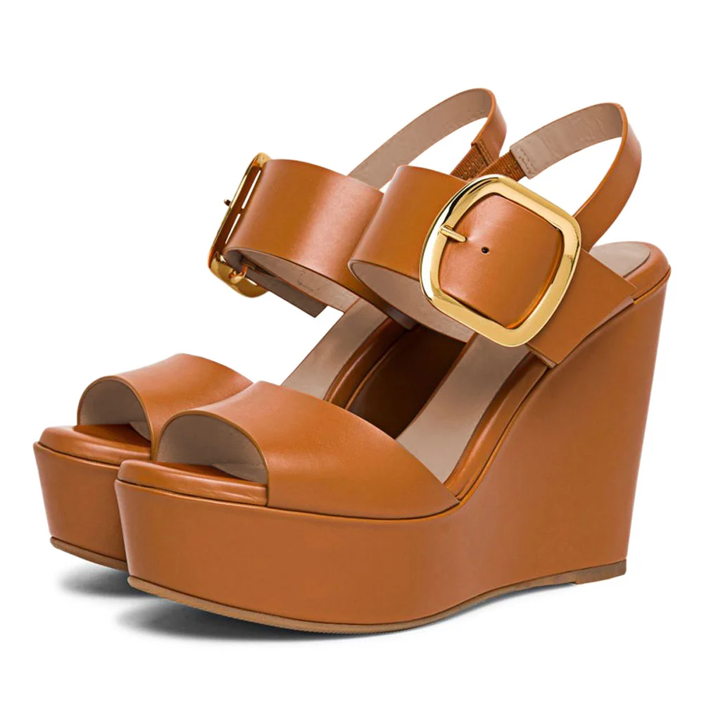 Fashion Round Toe Wedge Heel Platform Women's Sandals in Brown