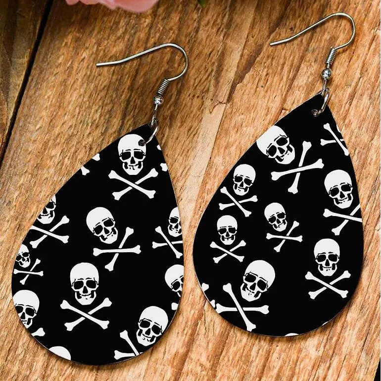 Skull Printed Leather Drop Pattern Earrings