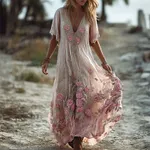 Boho Pink Roses Embroidered Lace Flowy Linen Maxi Dress - Image 2