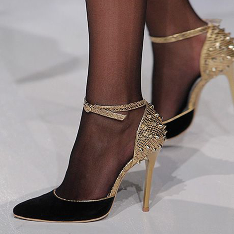 Black & Gold Vegan Suede Evening Heels Ankle Strap Studs Pumps Shoes