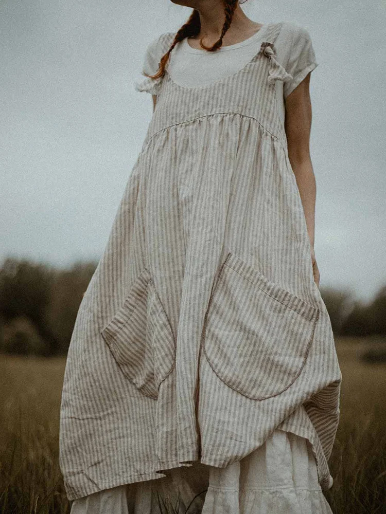 Damen Vintage Kleid mit Taschendesign und Streifen aus Leinenmischung