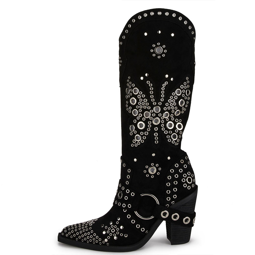 Black Vegan Suede Block Heel Ring Strap Mid-Calf Cowgirl Boots