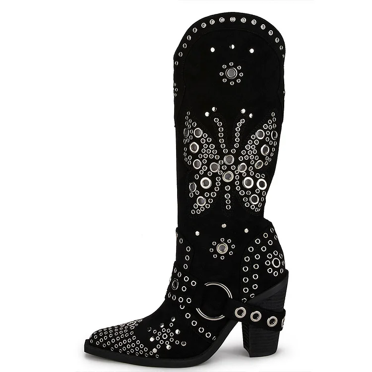 Black Vegan Suede Block Heel Ring Strap Mid-Calf Cowgirl Boots |FSJ Shoes