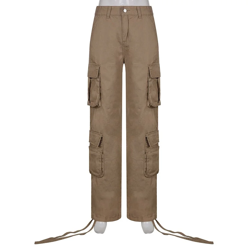 Rapcopter Ruched Big Pockets Cargo Jeans Retro Sporty Low Waisted Trousers Light Brown Fashion Streetwear Denim Joggers Women