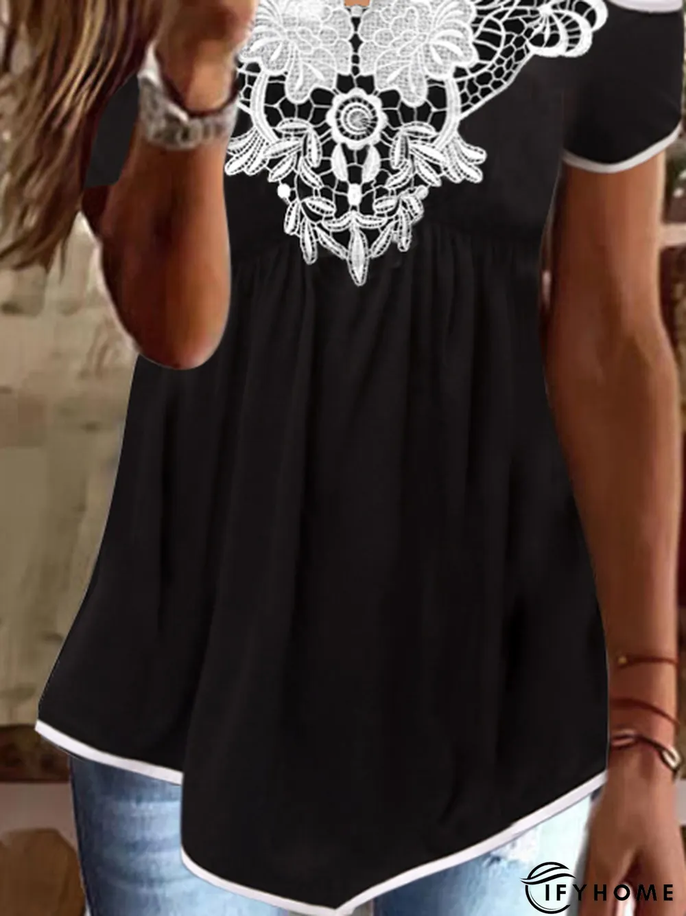 Color Block Regular Fit Lace Casual Short Sleeve Top | IFYHOME