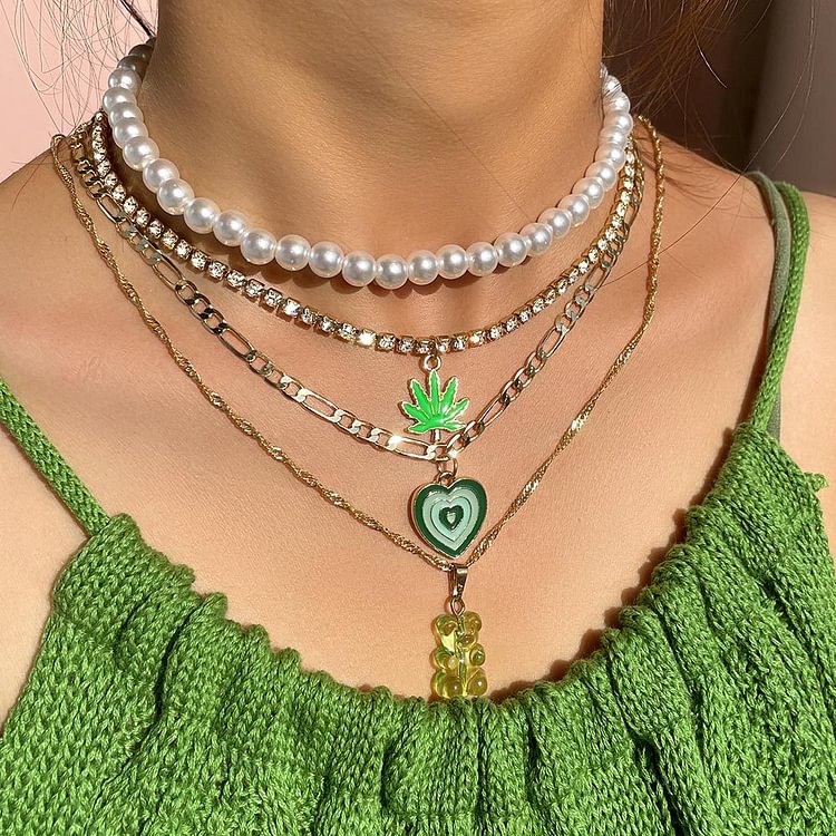 Green Heart Maple Bear Pendant Layered Necklace KERENTILA
