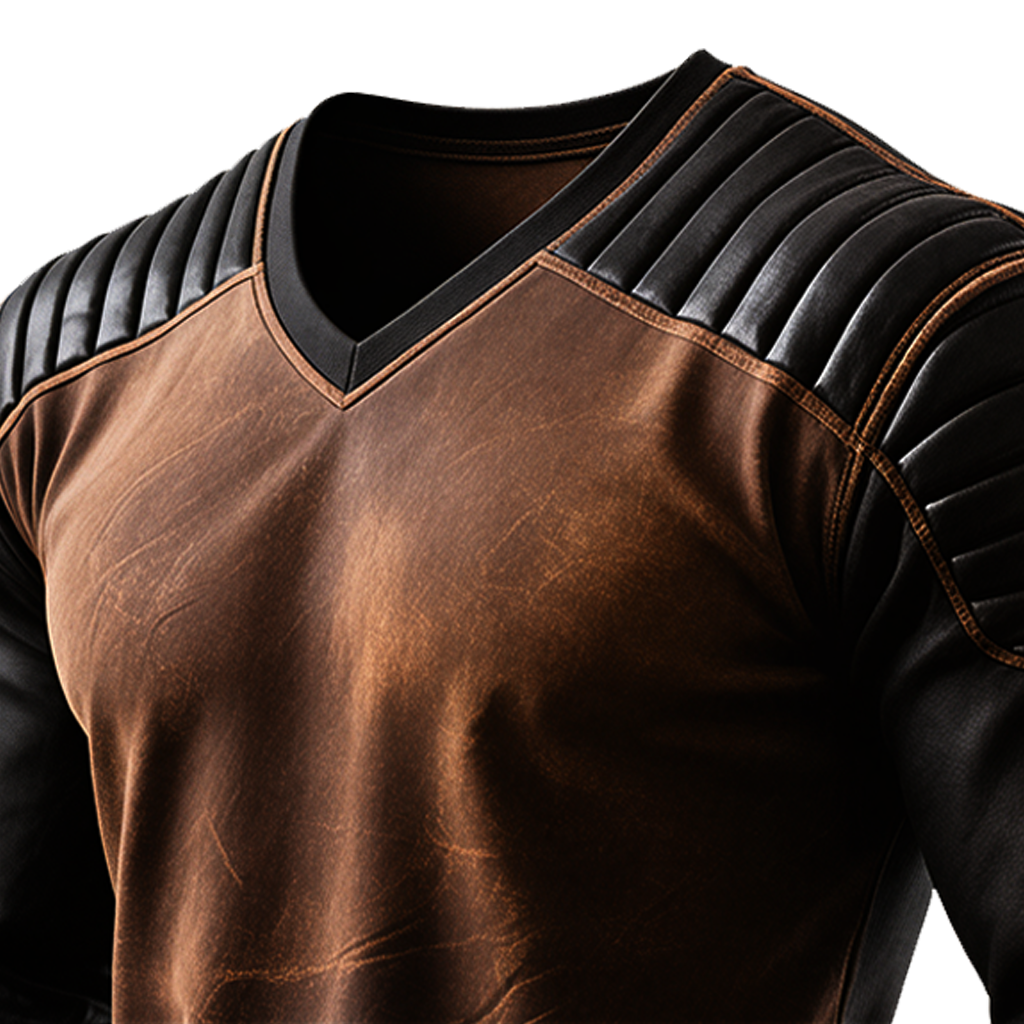 Men's Vintage Brown And Black Leather-Trimmed V-Neck Shirt-inspireuse