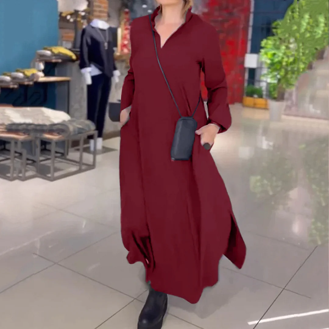 Nigikala Nigikala Summer New Casual Solid Color Loose Thin V Collar Long Sleeve Dress