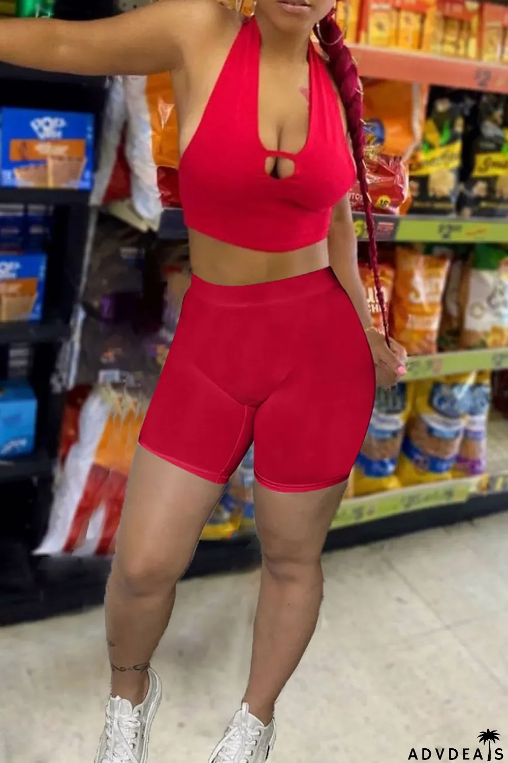 Black Sexy Solid Patchwork V Neck Sleeveless Two Pieces