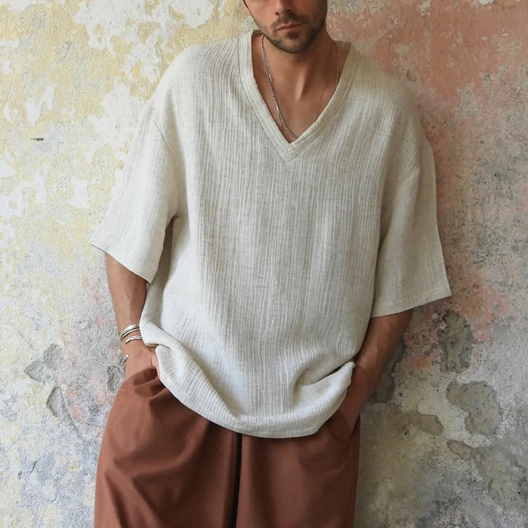Men's Holiday Linen V-neck Short Sleeve Shirt-inspireuse