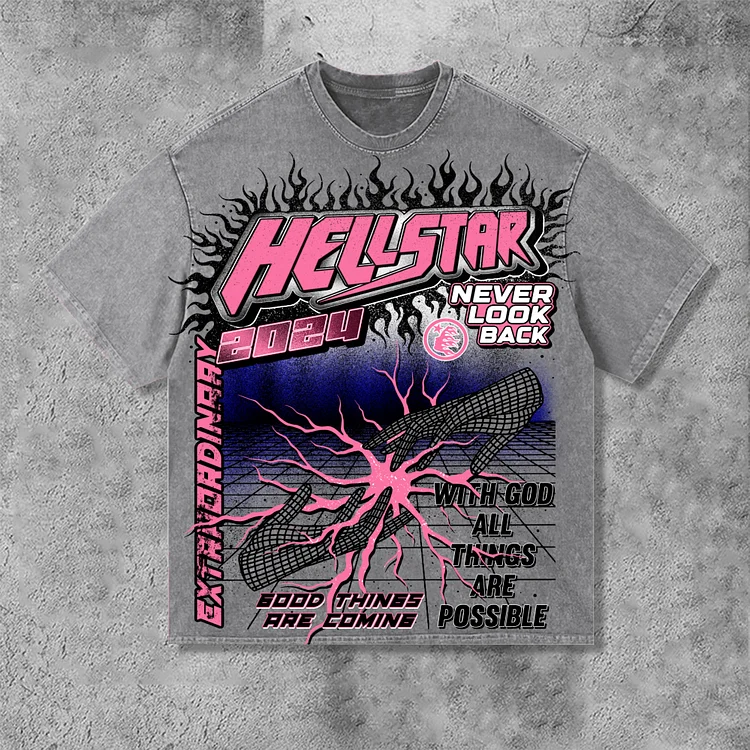 Hstar-2024 New Large Print Pattern Design Acid Washed T-Shirt