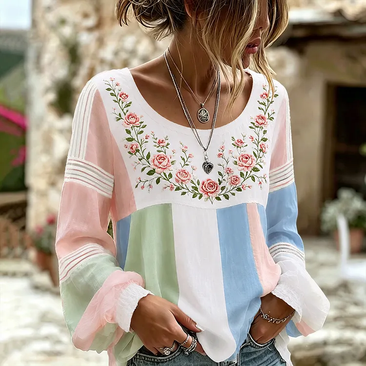 Women's Retro Rose Art Embroidery Color Block Comfortable Cotton Linen Long Sleeve Top