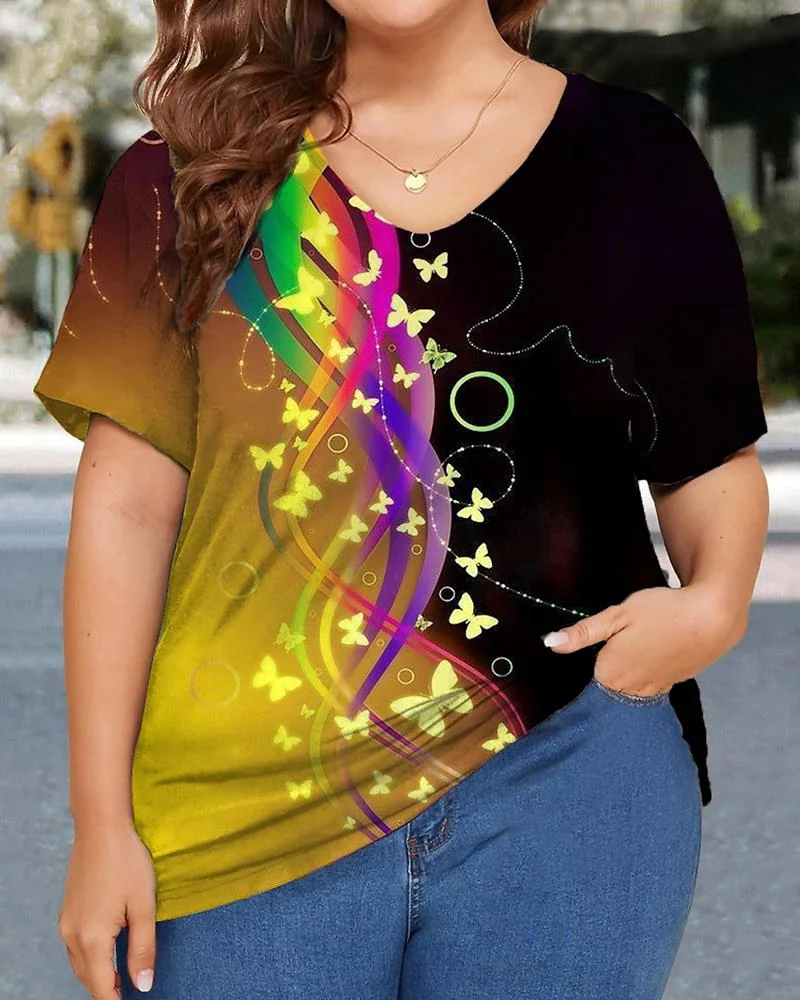 Personalized butterfly print V-neck plus size ladies short-sleeved T-shirt