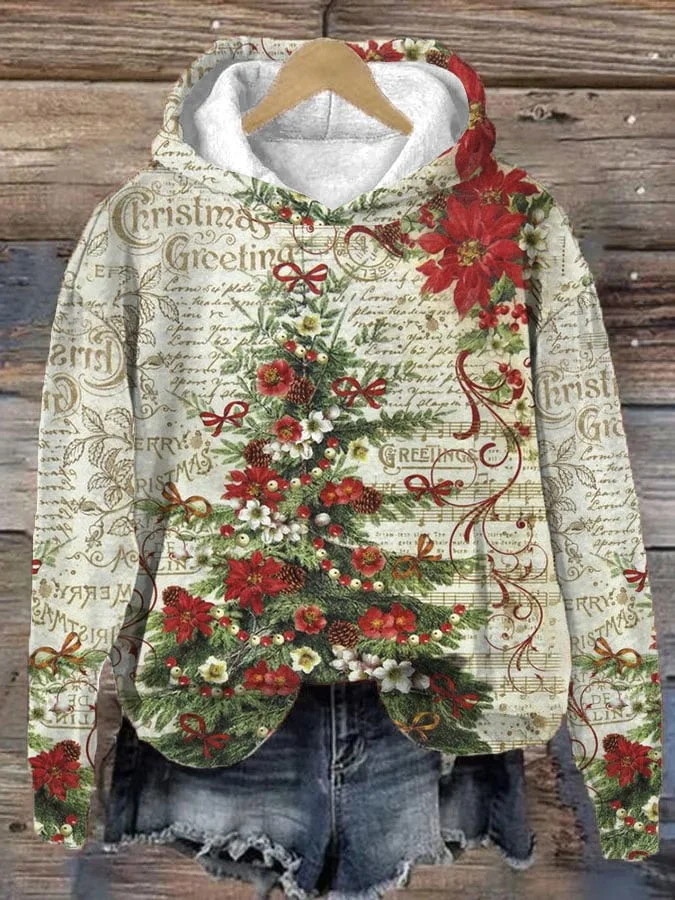Women's Vintage Christmas Tree Print Casual Hoodie