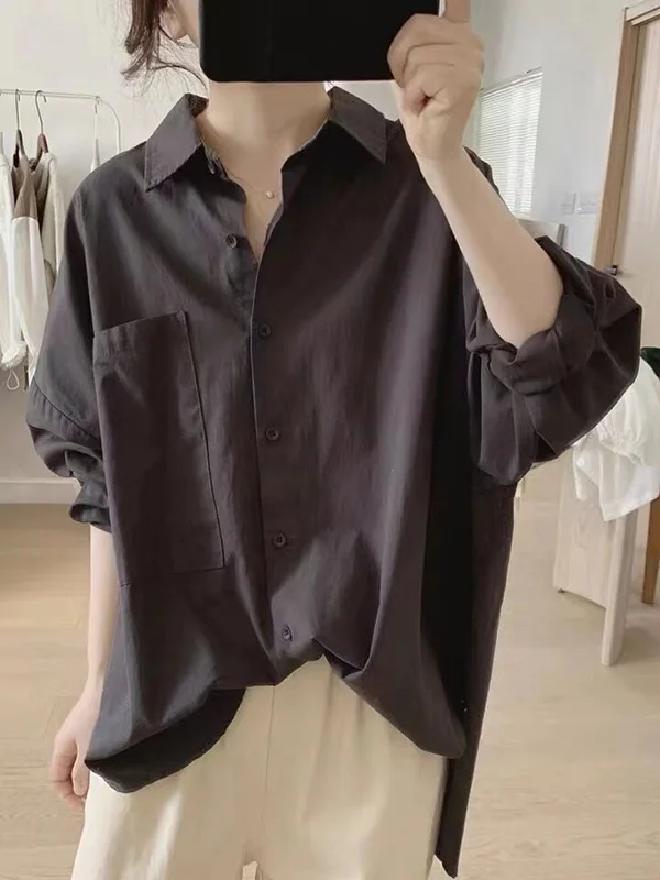 Casual Long Sleeves Loose Buttoned Solid Color Lapel Collar Blouses&Shirts Tops
