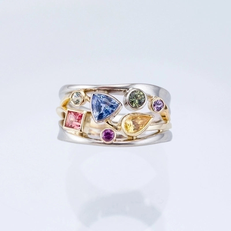 Multicolor Geometric Pattern Ladies Set With Zircon Wave Line Copper Ring