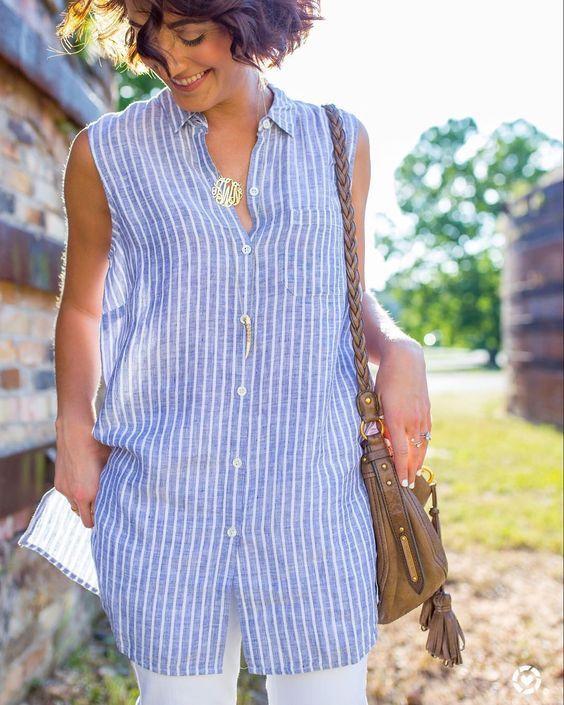 Light Blue Striped Boho Shirts & Tops