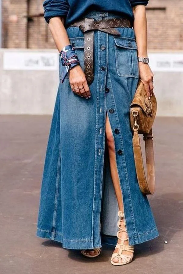 Womens On-trend Denim Skirt(With Buttons)-Fashion-Allyzone