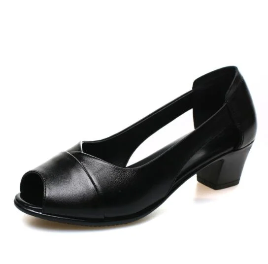 2020Summer Genuine Leather Comfortable Ladies Mid Heel Sandals Women Shoes Hollow Peep Toe Square Heel Sandals Woman Black