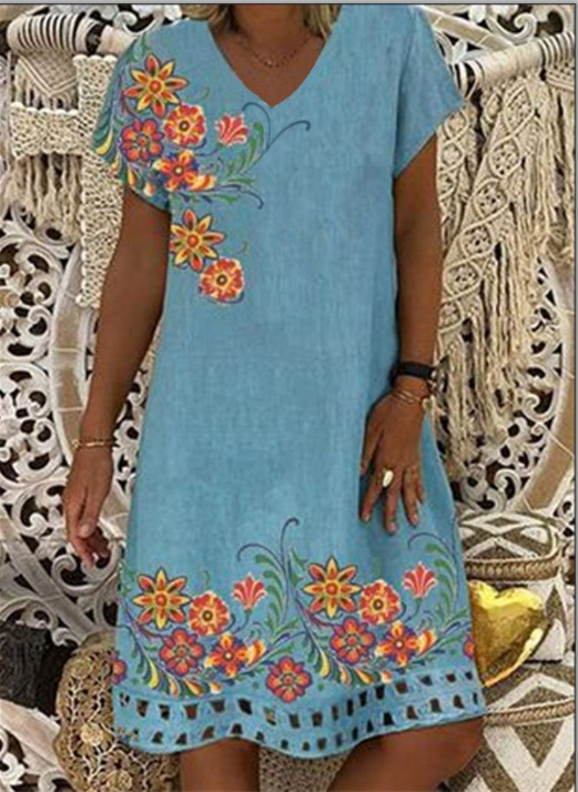 Flower Printed Loose Dresses Women Cotton Linen Dress V-neck Short Sleeve Plus Size Dresses