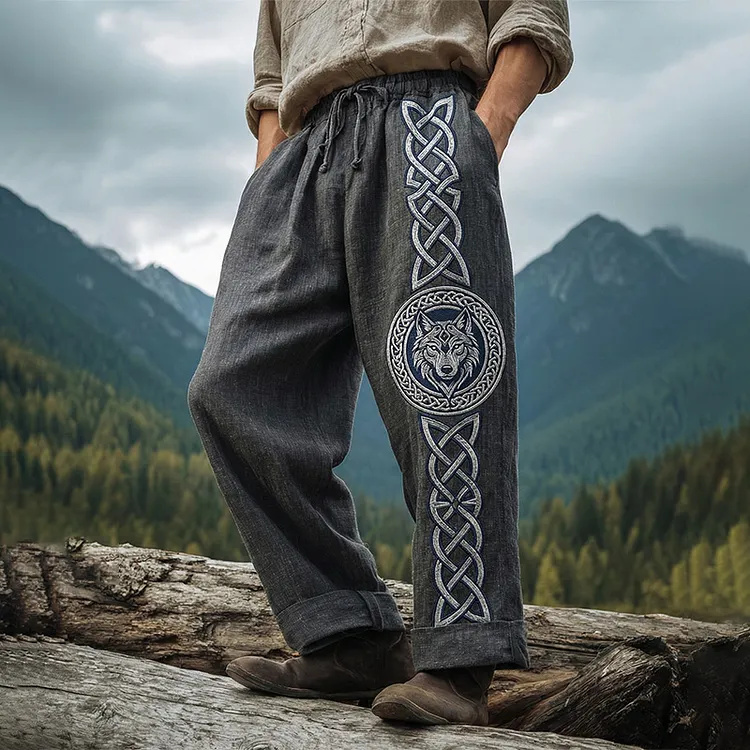Men's Viking Tribal Jacquard Celtic Knot With Wolf Inspired Art Linen Pants