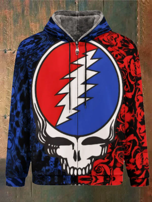 Unisex Skull Print Double Layer Fleece Zip-Up Hooded Jacket