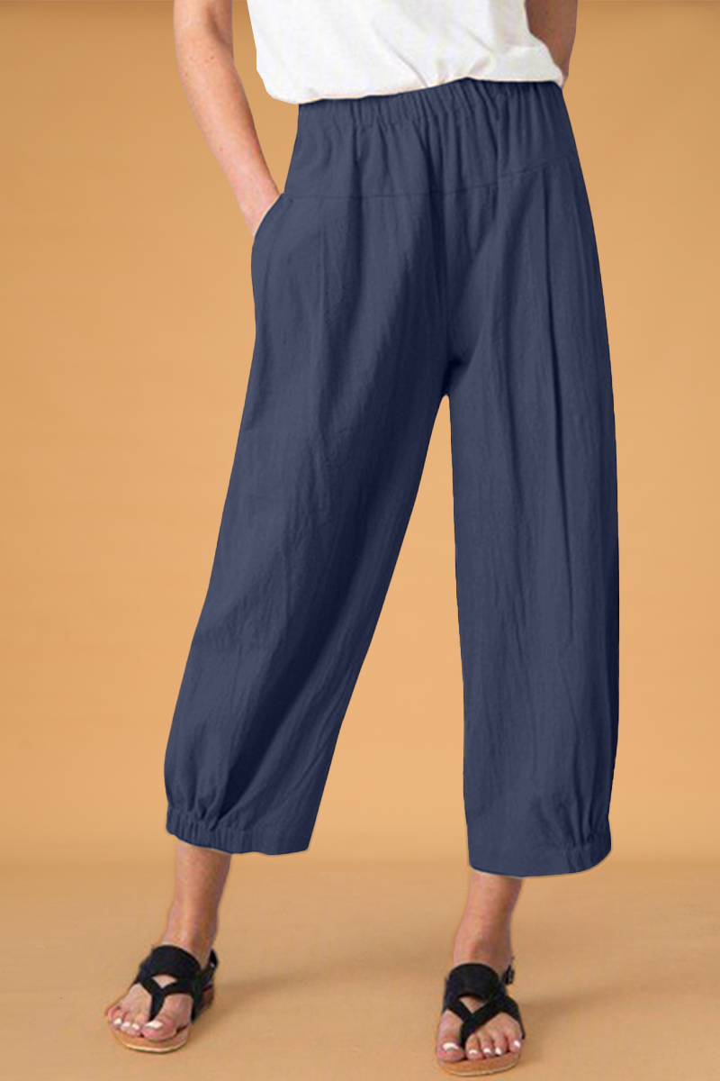 Flycurvy Plus Size Casual Dark Grey Linen Pocket Elastic Ankle-Tied Pants 2024 - Flycurvy 