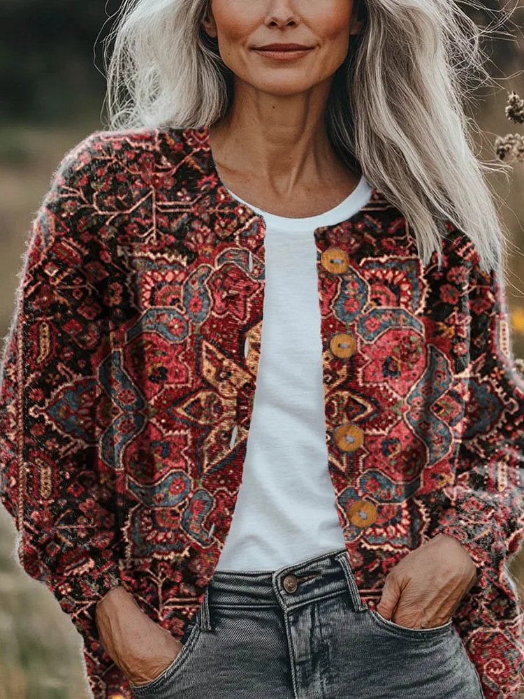Women's Vintage Lovely Floral Art Print Buttoned Cardigan Sweater