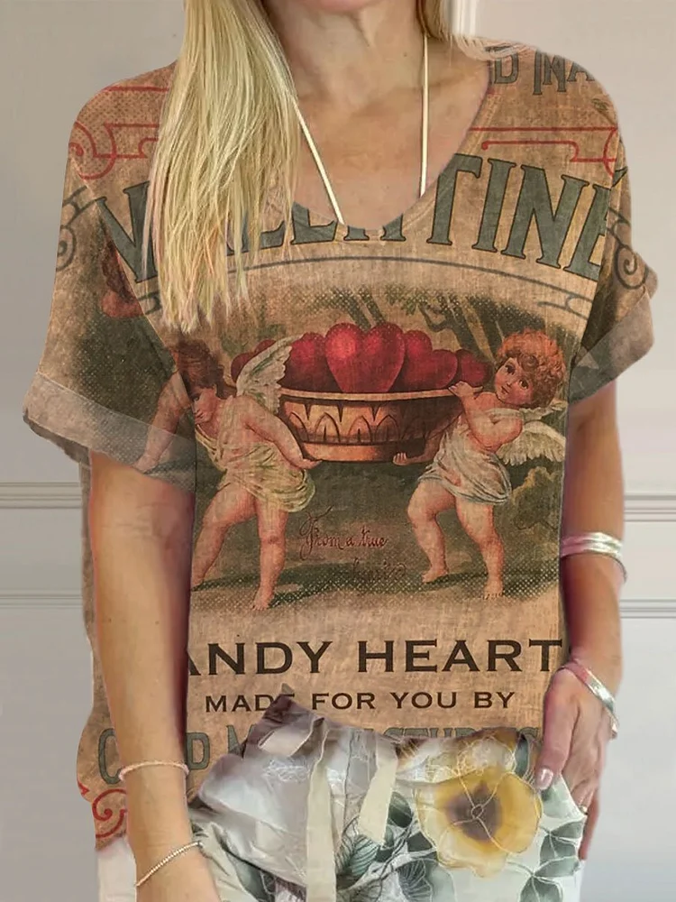 Women's Valentine's Day Vintage Print Casual Cotton And Linen Shirt