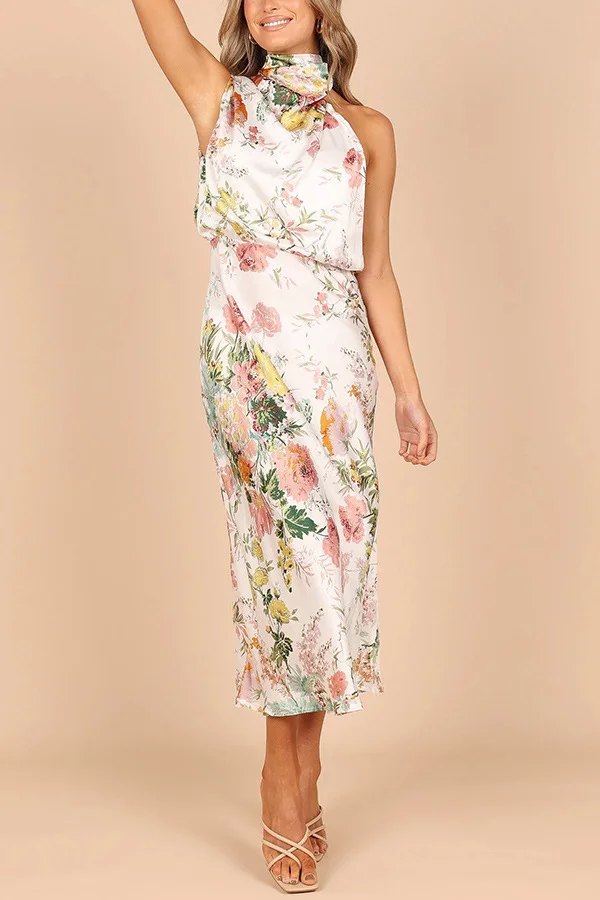 Fashion Ladies Sexy Sleeveless Halter Neck Printed Satin Midi Dress