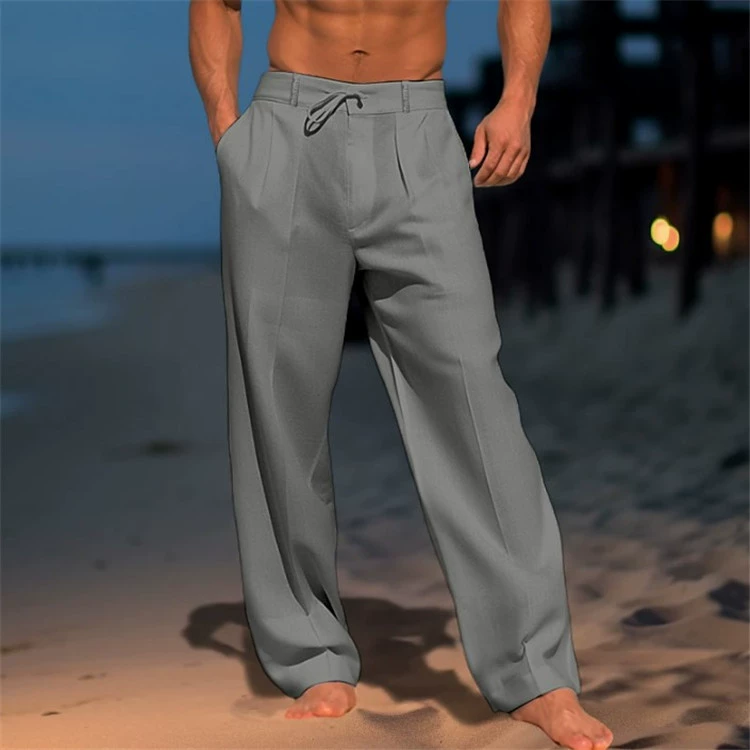Men's Casual Solid Color Cotton And Linen Comfortable Vacation Trousers