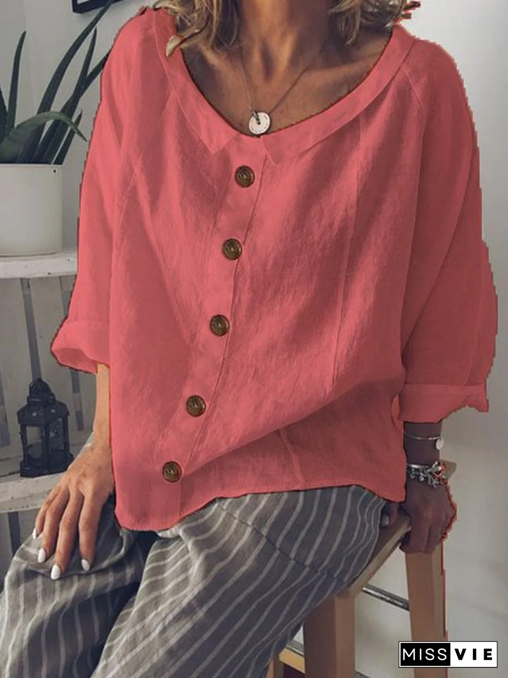 Peter Pan Collar Buttoned Casual Cotton-Blend Tops