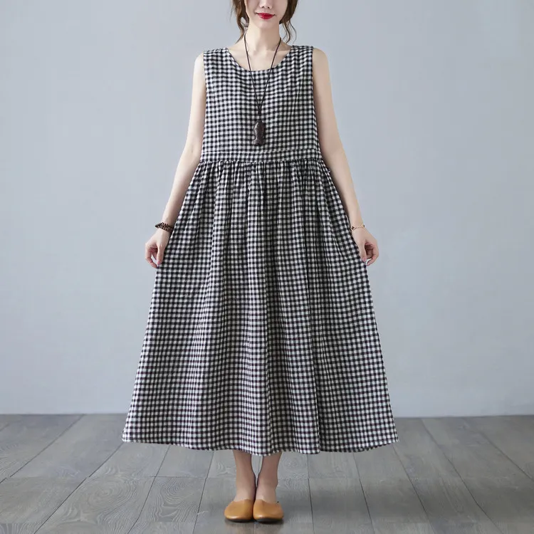 Women's Sleeveless Gingham Linen Maxi Dress