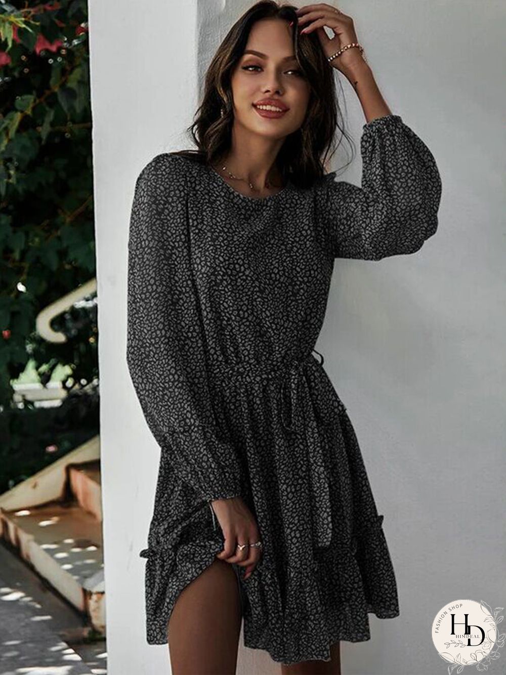 Round Neck Long Sleeve Floral Wrap Tie Waist Mini Dress
