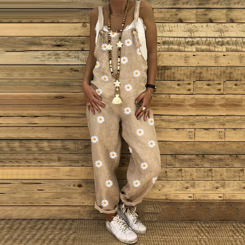 Casual daisy printed adjustable strap loose jumpsuit