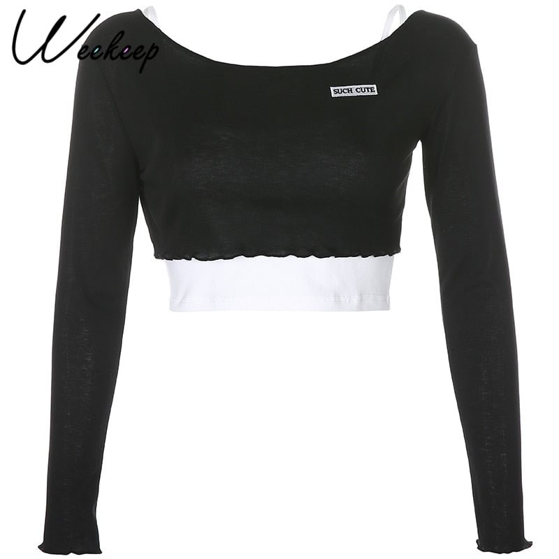 Weekeep Fake Two Pieces Letter Embroidery Long Sleeve Women T-shirt Summer Autumn See-through Crop Top Casual O-Neck Female Tops