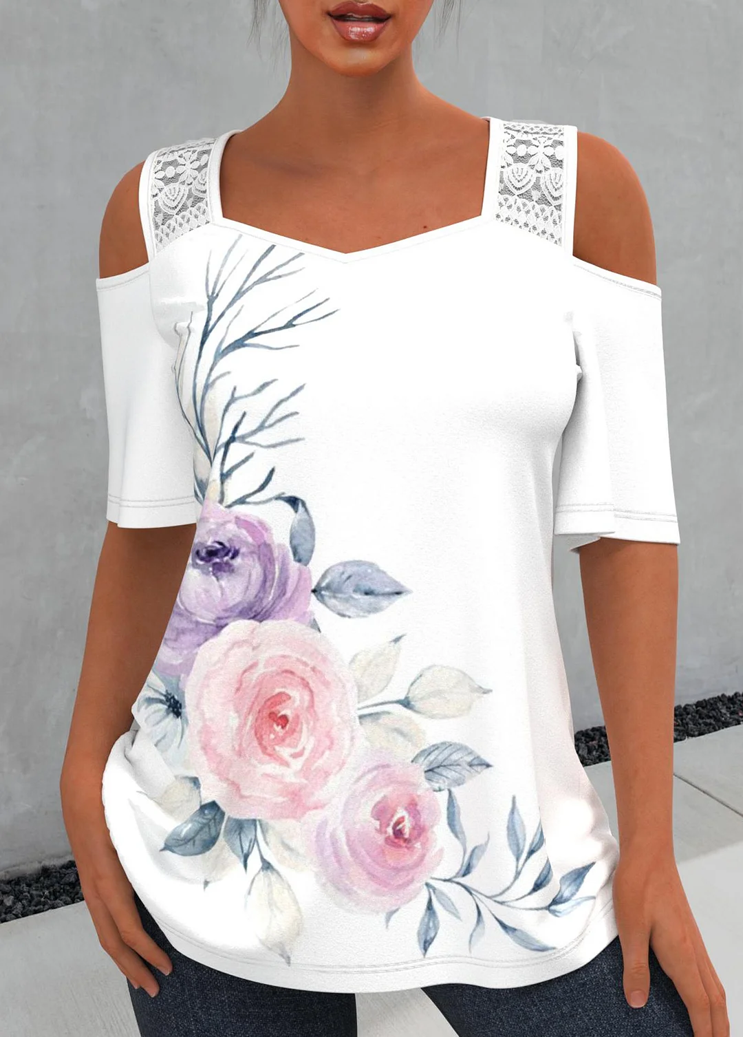 Lace Stitching Floral Print Cold Shoulder T Shirt