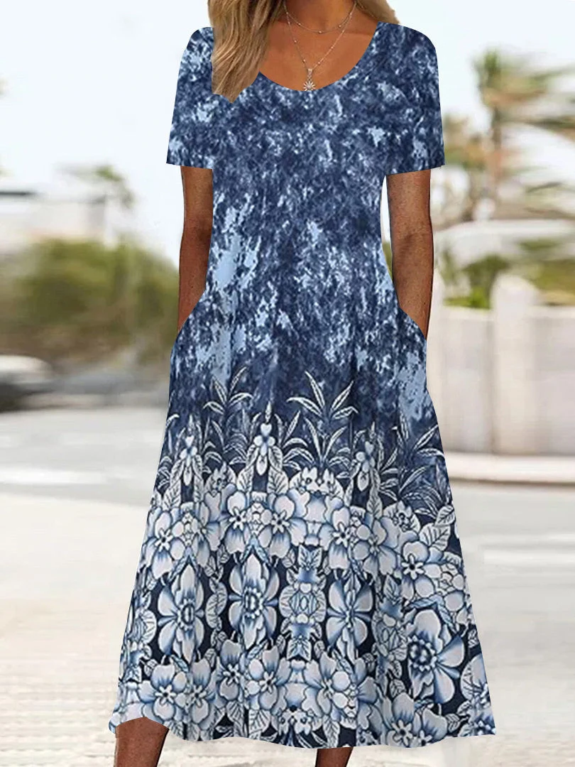 Women's Short Sleeve Scoop Neck Graphic Floral Printed Midi Dress