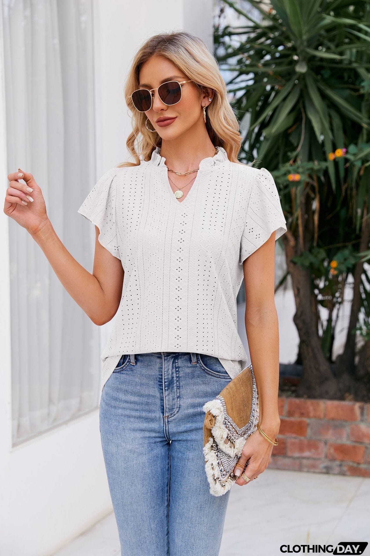 Notched Neck Puff Sleeve Blouse