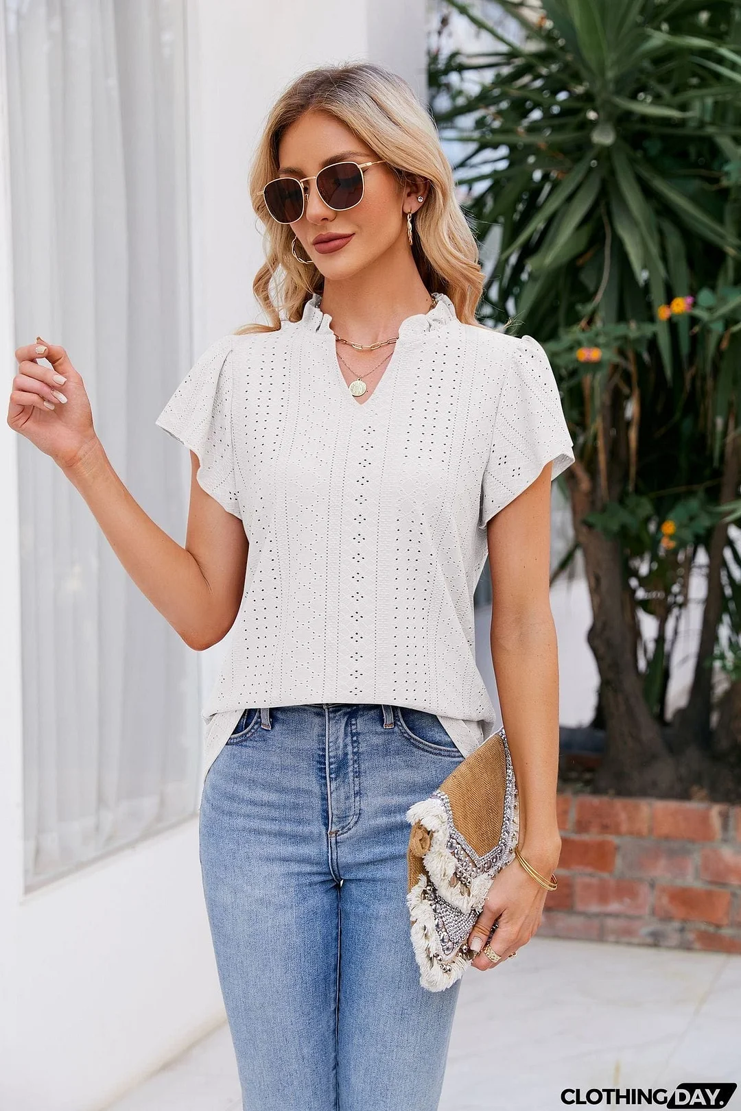 Notched Neck Puff Sleeve Blouse
