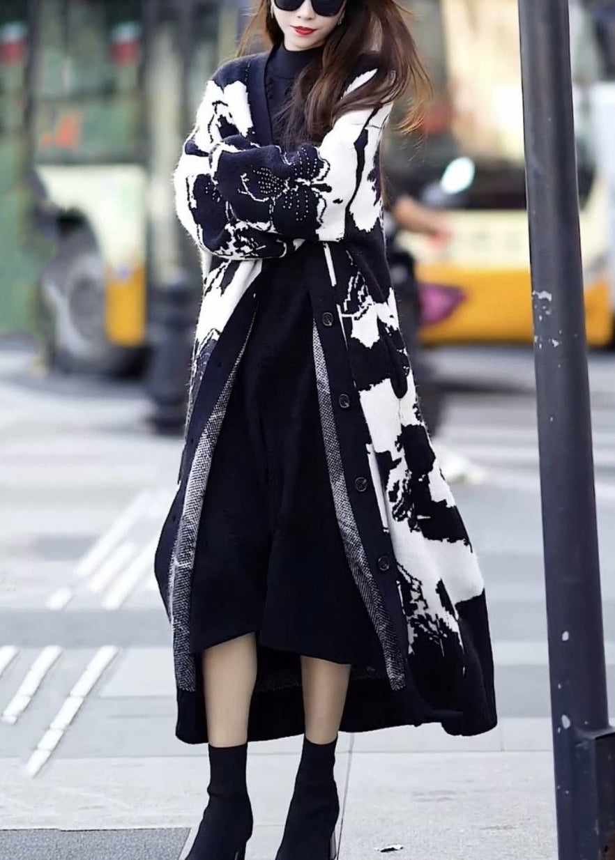 VCSHOES Loose Black V Neck Button Patchwork Knit Knit Sweater Maxi Coat Fall