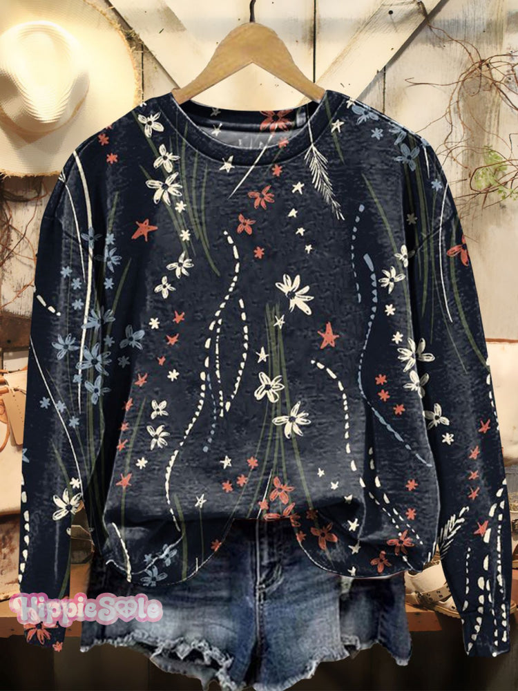 Women’s Folk Floral Art Print Casual Crew Neck Sweatshirt Multicolor / S