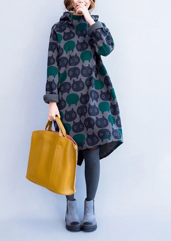 VCSHOES Loose Blue Cartoon Print Cotton Hooded Sweatshirts Dresses Spring